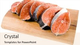  Presentation with fresh water splash green apple isolated white - Theme featuring crossing red sea - fresh salmon on a cutting background and a lemonade colored foreground