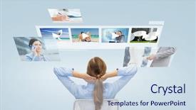  Presentation with files - PPT layouts consisting of business people technology and multimedia concept - businesswoman or sitting in office chair and watching video media files from back background and a sky blue colored foreground