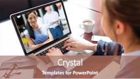  Presentation with video conferencing - Amazing presentation design having digital composite of businesswoman video conferencing with colleague on laptop backdrop and a coral colored foreground