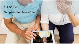  Presentation with video conferencing - Colorful presentation enhanced with digital composite of senior couple backdrop and a light blue colored foreground