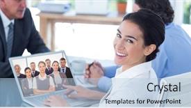  Presentation with video conferencing - Presentation with digital composite of smiling businesswoman video conferencing with colleagues in office background and a light blue colored foreground