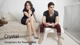  Presentation with young sing woman singing young - Colorful slide set enhanced with young bored woman sitting on sofa with man playing video game backdrop and a light gray colored foreground