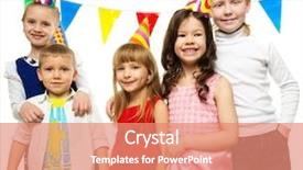  Presentation with children birthday - Colorful presentation enhanced with croup of happy children celebrating birthday backdrop and a coral colored foreground