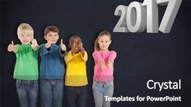  Presentation with kids - PPT theme consisting of crowd cheering black white - cute kids showing thumbs up background and a dark gray colored foreground