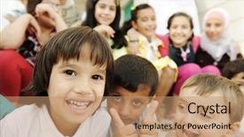  Presentation with crowd - Slide deck enhanced with crowd lot of happy children background and a coral colored foreground