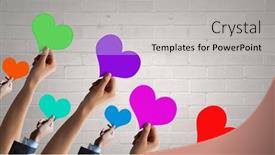  Presentation with crowd - Cool new slide deck with crowd of businesspeople lifting up hands with conceptual cards backdrop and a light gray colored foreground