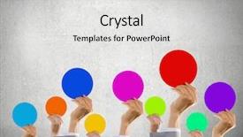  Presentation with crowd - Beautiful presentation featuring crowd of businesspeople lifting up hands with conceptual cards backdrop and a light gray colored foreground