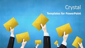  Presentation with email - PPT theme featuring crowd of businesspeople lifting up hands with email signs background and a teal colored foreground