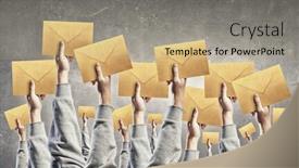  Presentation with email - Audience pleasing PPT layouts consisting of crowd of businesspeople lifting up hands with email signs backdrop and a coral colored foreground