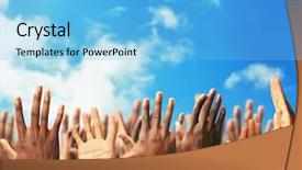  Presentation with crowd - Beautiful PPT theme featuring crowd raising hands on blue backdrop and a light blue colored foreground