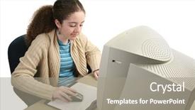  Presentation with teen girl - PPT theme consisting of crt monitor - teen girl doing computer graphics background and a gray colored foreground