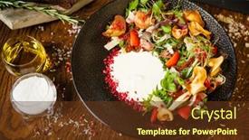 Presentation with modern food - Beautiful slide set featuring crudo-ham-salad-stracciatella backdrop and a tawny brown colored foreground