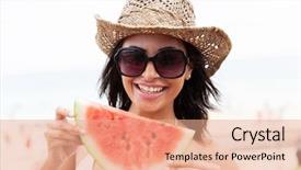  Presentation with woman fighting for her rights - Theme featuring cruise food - portrait of cheerful woman holding background and a coral colored foreground