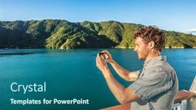  Presentation with sounds - Cool new presentation theme with cruise-travel-man-tourist-taking backdrop and a ocean colored foreground