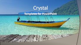  Presentation with motor boat in the sea - Presentation design featuring cruiser - beautiful beach with motor boat background and a teal colored foreground