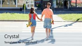  Presentation with extreme - Amazing slide deck having summer relations traffic extreme sport and people concept - happy teenage couple with short modern cruiser skateboards crossing city crosswalk backdrop and a light blue colored foreground