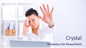  Presentation with stressed - Amazing slide set having crumpled paper - stressed businesswoman sitting at desk backdrop and a sky blue colored foreground