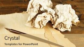  Presentation with pen ink paper - Presentation design consisting of crumpled paper balls with ink pen and envelopes on wooden background background and a lemonade colored foreground