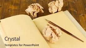  Presentation with pen ink paper - Beautiful presentation design featuring crumpled paper balls with notebook and ink pen on wooden background backdrop and a blonde colored foreground