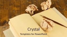  Presentation with pen ink paper - PPT layouts consisting of crumpled paper balls with notebook and ink pen on wooden background background and a blonde colored foreground