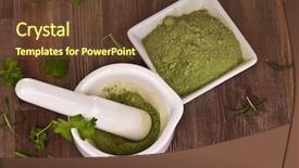 Presentation with herbs on wood - Slide deck enhanced with crusher plant - mortar with herbs on wooden background and a tawny brown colored foreground