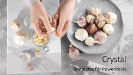  Presentation with import garlic - Audience pleasing PPT theme consisting of crusher plant - woman peeling garlic at table backdrop and a light gray colored foreground