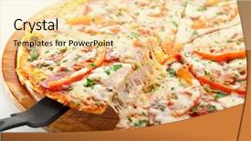  Presentation with mozzarella cheese - Colorful PPT theme enhanced with crust - pizza with ham salami tomatoes backdrop and a blonde colored foreground
