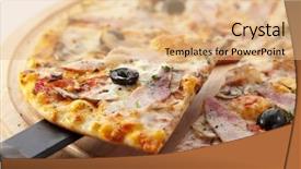  Presentation with meat - Beautiful presentation theme featuring crust - pizza with various type backdrop and a coral colored foreground