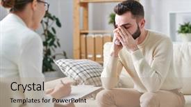  Presentation with sadness woman cry - Beautiful PPT layouts featuring crying young patient of psychotherapist backdrop and a coral colored foreground