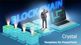  Presentation with blockchain - Cool new slides with cryptography cloud security - confused employee about blockchain concept backdrop and a teal colored foreground