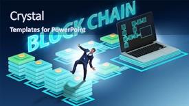  Presentation with blockchain - PPT theme consisting of cryptography cloud security - confused employee about blockchain concept background and a navy blue colored foreground