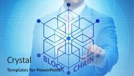  Presentation with blockchain - Slide deck consisting of cryptography cloud security - young businessman in innovative blockchain background and a light blue colored foreground