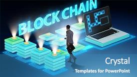  Presentation with blockchain - Presentation theme having cryptography cloud security - young businessman in innovative blockchain background and a teal colored foreground