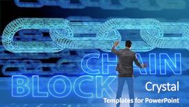  Presentation with blockchain - Presentation having innovation money - young businessman in innovative blockchain background and a teal colored foreground