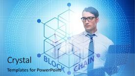  Presentation with blockchain - Colorful theme enhanced with innovation money - young businessman in innovative blockchain backdrop and a light blue colored foreground