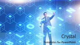  Presentation with blockchain - Audience pleasing slides consisting of innovation money - young businessman in innovative blockchain backdrop and a light blue colored foreground