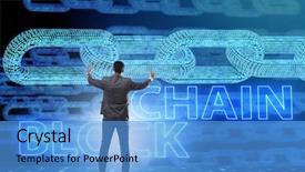  Presentation with blockchain - Beautiful slides featuring innovation money - young businessman in innovative blockchain backdrop and a teal colored foreground