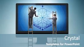  Presentation with blockchain - Theme with innovation money - young businessman in innovative blockchain background and a teal colored foreground