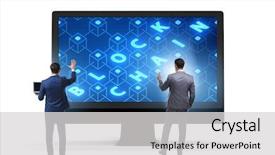  Presentation with blockchain - Audience pleasing slides consisting of innovation money - young businessman in innovative blockchain backdrop and a light gray colored foreground