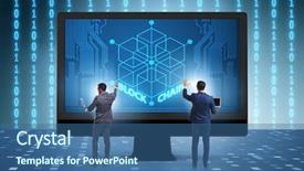  Presentation with blockchain - Theme featuring innovation money - young businessman in innovative blockchain background and a ocean colored foreground