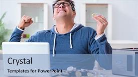  Presentation with bitcoins - Audience pleasing PPT theme consisting of young man mining bitcoins backdrop and a light blue colored foreground