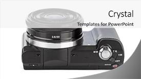  Presentation with white cctv camera on modern - PPT theme enhanced with crystal button - mirrorless photo camera isolated background and a white colored foreground