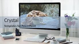  Presentation with modern flowers - PPT theme featuring crystal flowers - office workplace with modern computer background and a light blue colored foreground