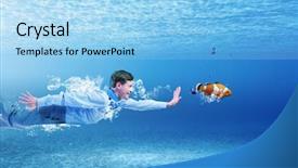  Presentation with pebble under ripple water - Slide deck having crystal free - young businessman in suit swimming background and a light blue colored foreground