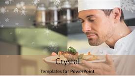  Presentation with snowflakes - Cool new PPT theme with crystal graphics - snowflakes against male chef backdrop and a coral colored foreground