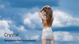  Presentation with coral reefs blue water beautiful sky - Cool new theme with crystal growth - young beautiful girl posing backdrop and a  colored foreground