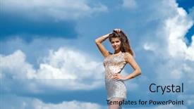  Presentation with coral reefs blue water beautiful sky - Amazing slide deck having crystal growth - young beautiful girl posing backdrop and a  colored foreground