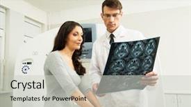  Presentation with ct computed tomography scanner in hospital - Cool new slide deck with ct brain - doctor with young woman patient backdrop and a light gray colored foreground