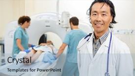  Presentation with radiologist - Cool new slide deck with ct scanner - portrait of mature radiologist backdrop and a light blue colored foreground