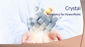  Presentation with cube - Slide deck with cube in male hand mixed media background and a sky blue colored foreground